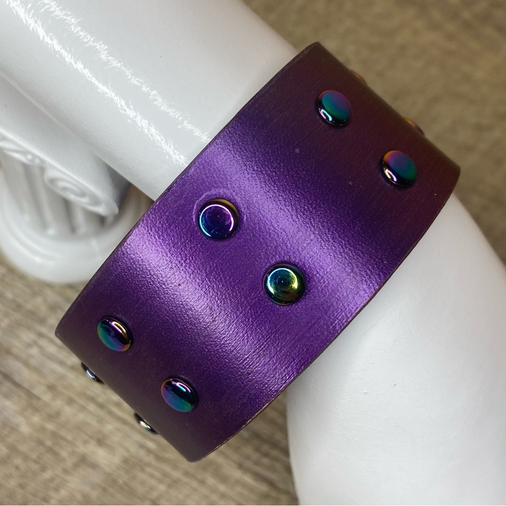 Deep purple painted leather bracelet handmade jewelry with rainbow rivets 1.25” - Picture 1 of 9